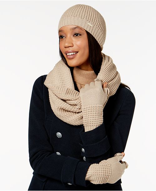 Calvin Klein 3 Pc Waffle Knit Hat Gloves Infinity Scarf Set
