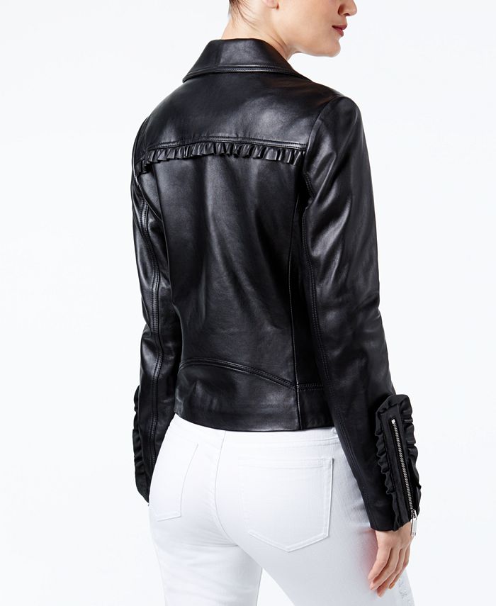 Michael Kors Ruffled Leather Biker Jacket - Macy's