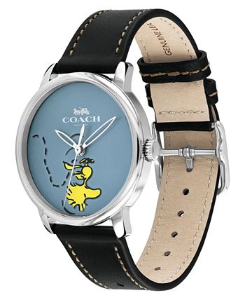 COACH Unisex Peanuts' Woodstock Grand Black Leather Strap Watch