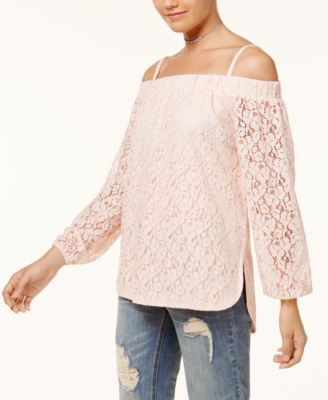 7 Sisters - Juniors' Off-The-Shoulder Lace High-Low Top