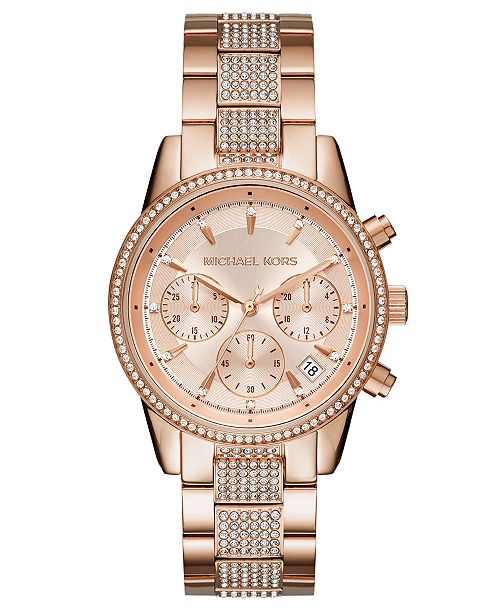 Michael Kors Women S Chronograph Ritz Rose Gold Tone Stainless Steel Bracelet Watch 37mm Reviews Watches Jewelry Watches Macy S