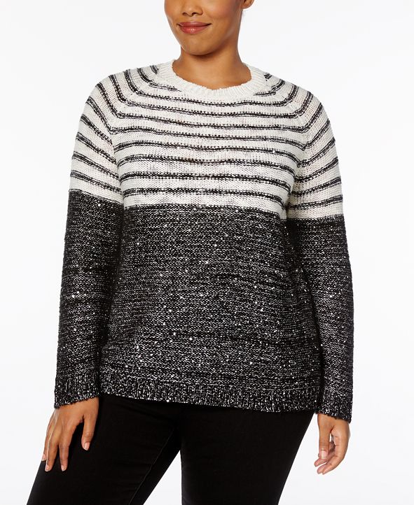NY Collection Plus Size Sequined Striped Sweater & Reviews ...