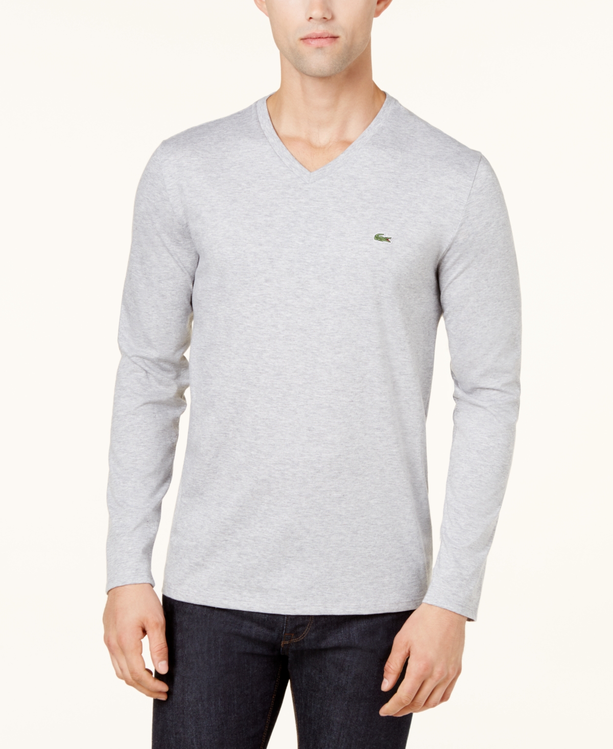 Lacoste Men's V-neck Casual Long Sleeve Jersey T-shirt In Silver