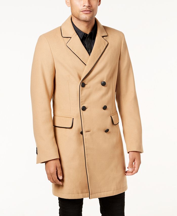 GUESS Men's Harlan Double-Breasted Peacoat with Faux-Leather Trim ...