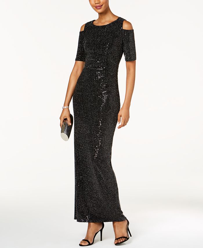 R & M Richards Sequined Glitter Cold-Shoulder Dress - Macy's
