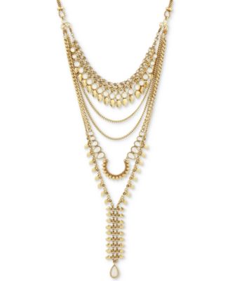 Lucky Brand - Gold-Tone White Stone Multi-Layer Statement Necklace