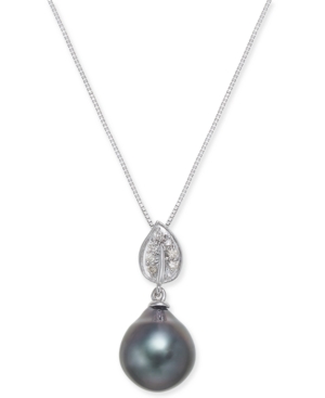 image of Cultured Tahitian Black Pearl (10mm) & Diamond Accent Pendant Necklace in 14k White Gold (Also in White Cultured Pearl)