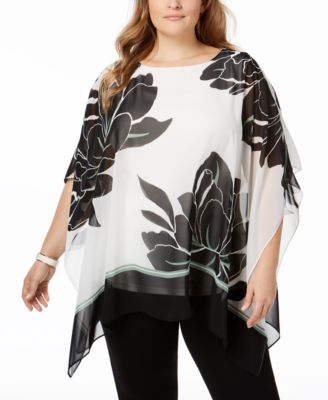 JM Collection - Plus Size Printed Poncho Top