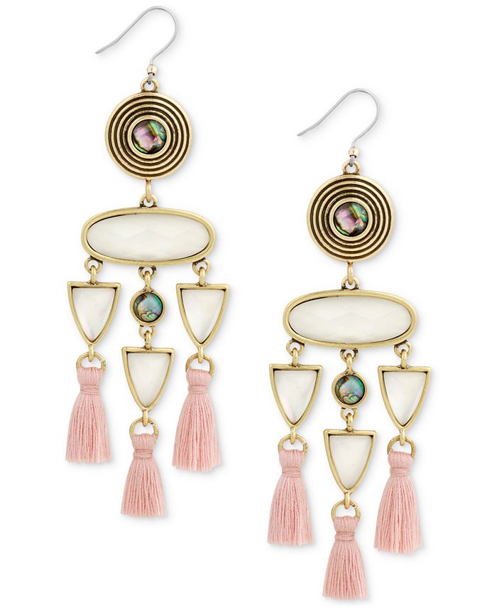 Lucky Brand Gold-Tone Pink Fringe, White & Abalone Stone Drop Earrings ...