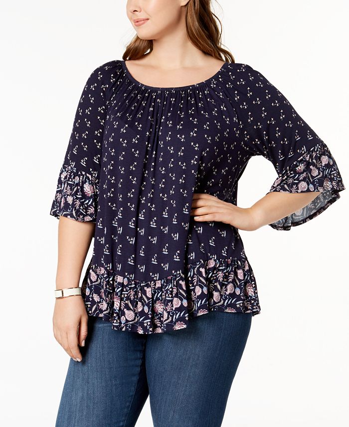 Style & Co Plus Size Mixed-Print Off-The-Shoulder Lantern Sleeve Top ...