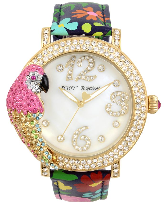 Betsey Johnson Women's Parrot Gold-Tone Floral Leather Strap Watch 44mm ...