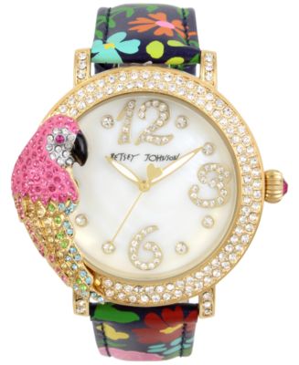 Betsey Johnson Women s Parrot Gold Tone Floral Leather Strap Watch 44mm Macy s