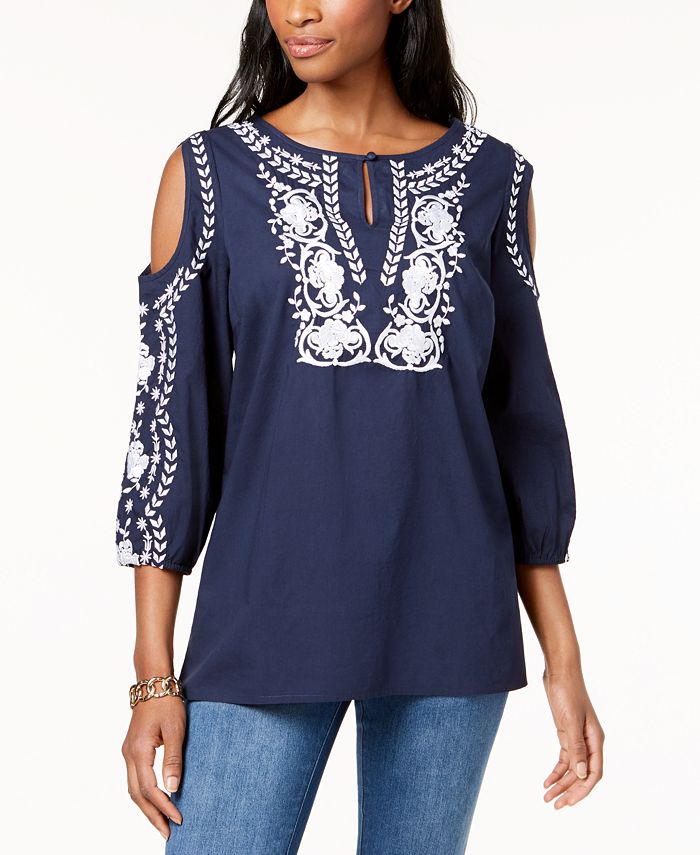 Charter Club Cotton Embroidered Cold-Shoulder Peasant Top, Created for ...