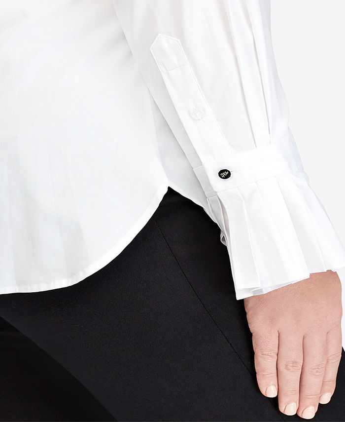 Lauren Ralph Lauren Plus Size Pleated-Cuff Cotton Shirt - Macy's