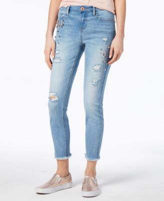 Vanilla Star - Juniors' Ripped Embellished Skinny Jeans