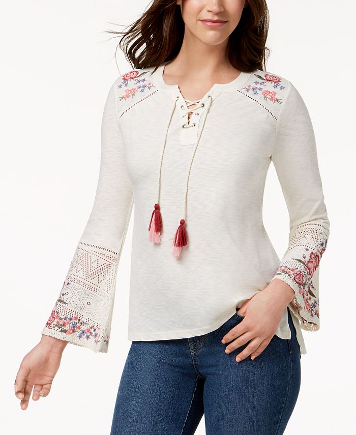 Style & Co Petite Lace-Up Embroidered Top, Created for Macy's - Macy's