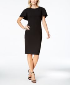 Solid Flutter-Sleeve V-Back Cape Sheath Dress