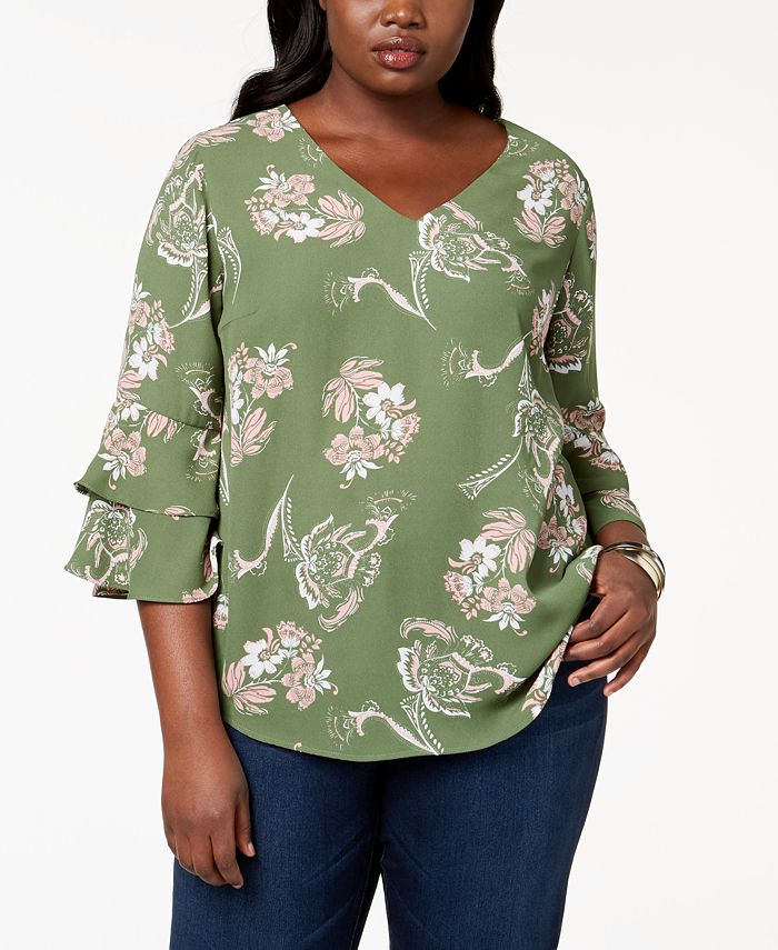 NY Collection Plus Size Printed Ruffle-Sleeve Top - Macy's