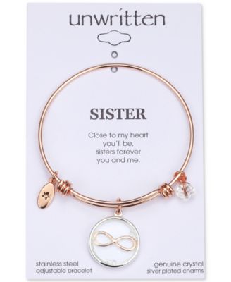 Infinity Glass Shaker Charm Adjustable Bangle Bracelet in Rose Gold-Tone Stainless Steel with Silver Plated Charms