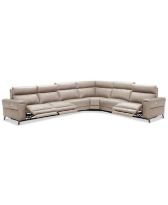 Furniture - Raymere 6-Pc. Leather Sectional Sofa With 3 Power Reclining Chairs, Power Headrests, And USB Power Outlet
