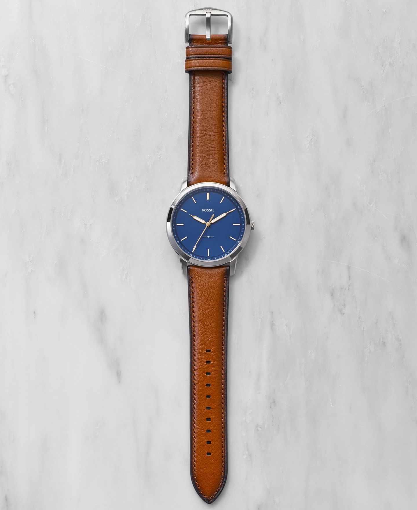 Мужские часы Fossil The Minimalist Brown Leather Strap Watch 44mm, цвет: Коричневый / Синий — фото 6