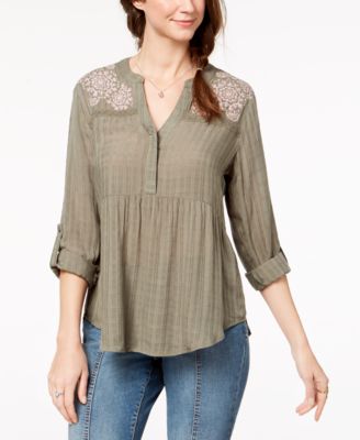 Style & Co - Petite Embroidered Shirttail-Hem Top