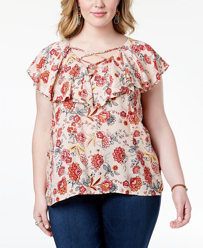 Planet Gold Trendy Plus Size Printed Lace Up Ruffle Top Macys 0434