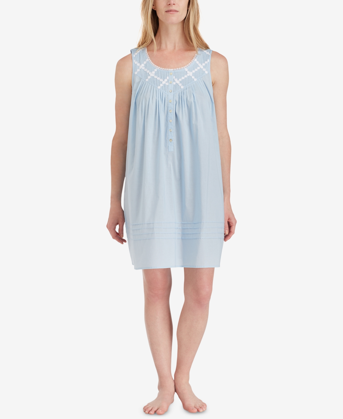 Cotton Lace-Trim Short Nightgown - Blue