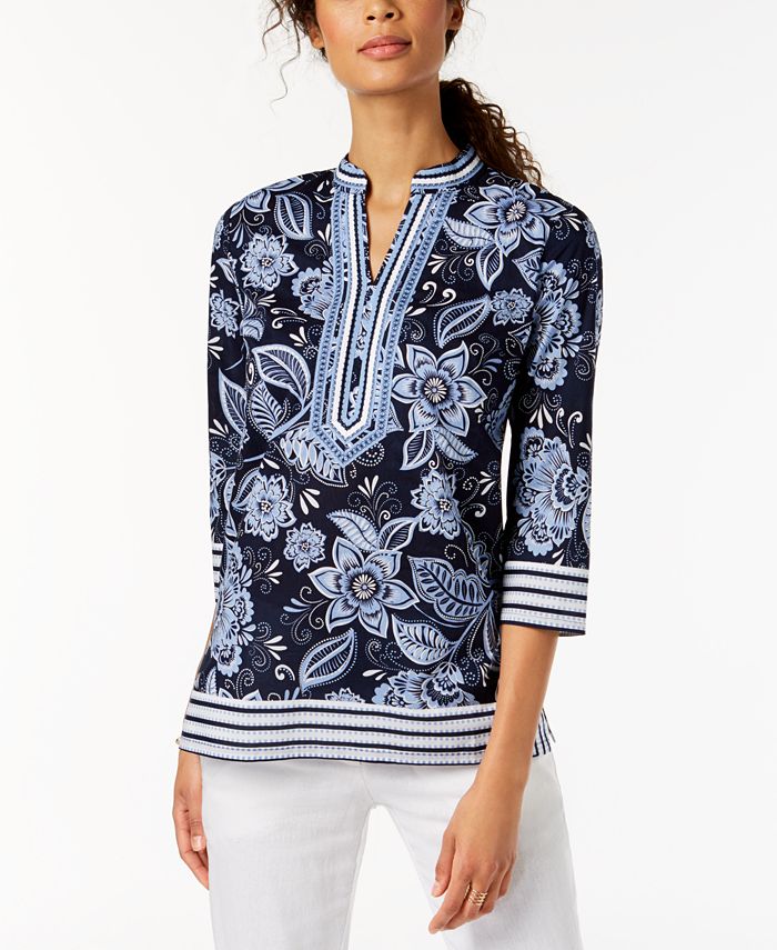 Charter Club Cotton Printed Split-Neck Top, Created for Macy's - Macy's