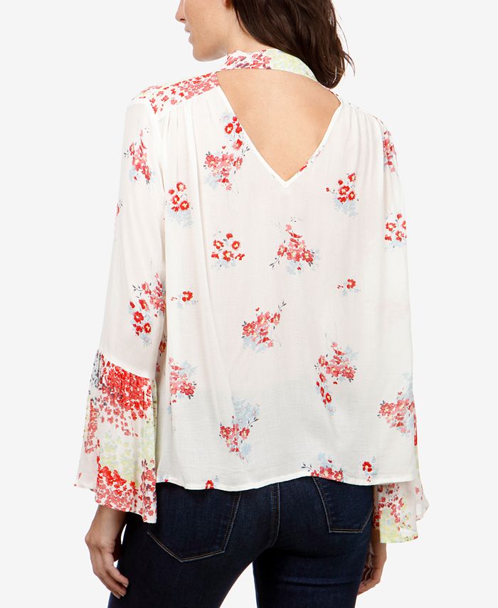 Lucky Brand Floral-Print Tie-Neck Peasant Top - Macy's
