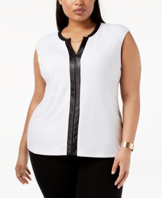 calvin klein plus size faux leather trim cap sleeve top