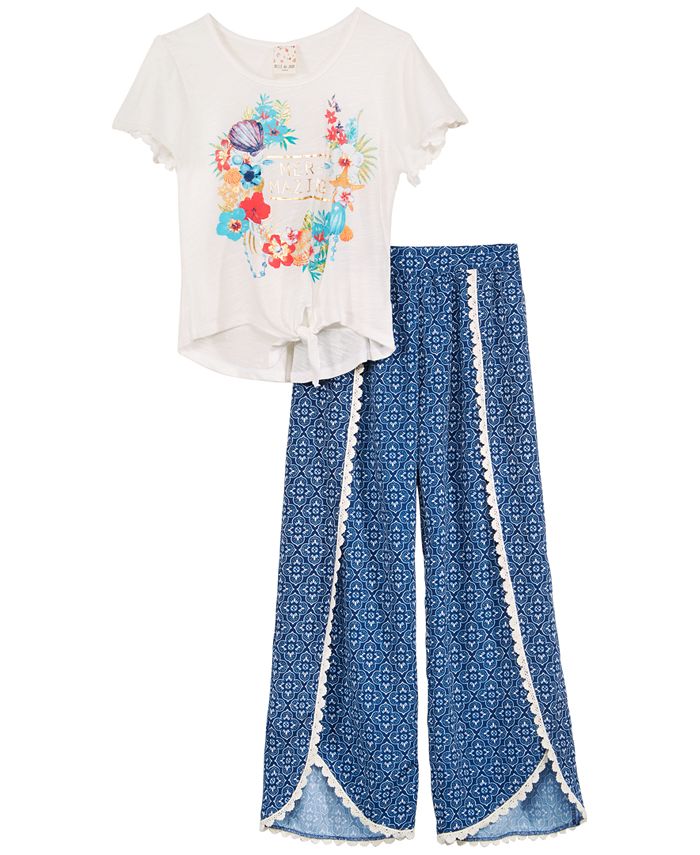 Belle Du Jour 2-Pc. Printed Tie-Front Top u0026 Tulip Palazzo Pants Set, Big  Girls - Macy's