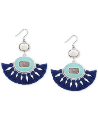 Lucky Brand - Silver-Tone Stone & Tassel Fringe Drop Earrings