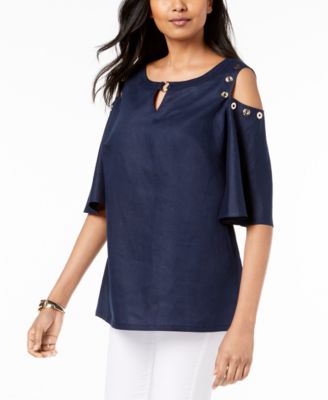 JM Collection - Linen Cold-Shoulder Grommet Top