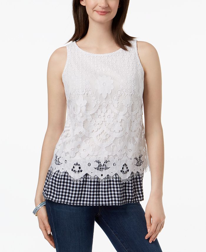 Charter Club Petite Lace Gingham-Hem Top, Created for Macy's - Macy's