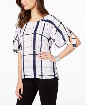 Alfani Women's Plus Printed Tie-Sleeve Top White Size 0X