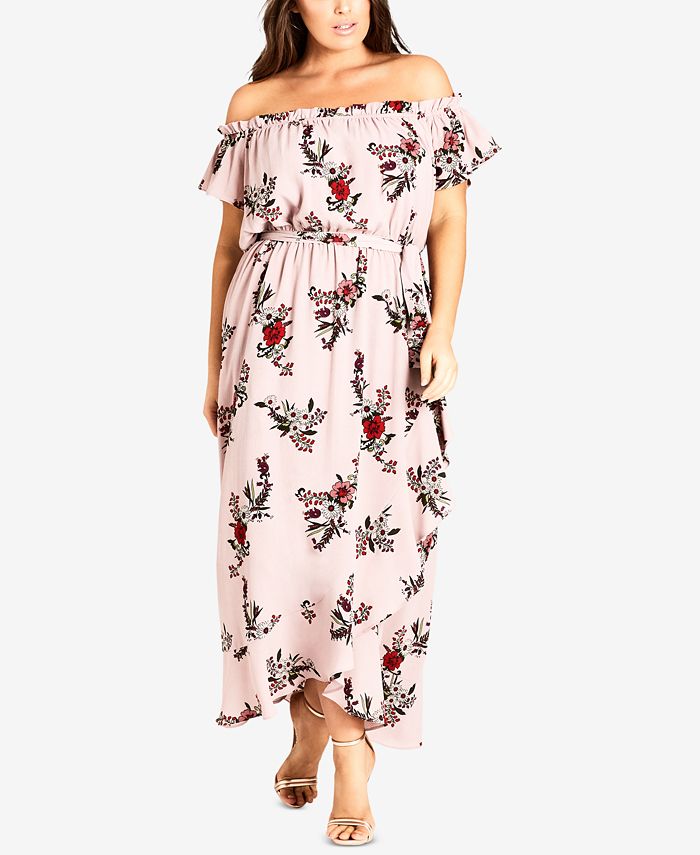 City Chic Trendy Plus Size Printed Off-The-Shoulder Maxi Dress - Macy's
