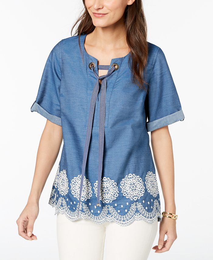 Tommy Hilfiger Cotton Embroidered Chambray Top, Created for Macy's ...