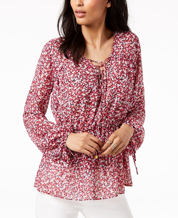 Michael Kors Navy Linen Lace Up Long Sleeve Top