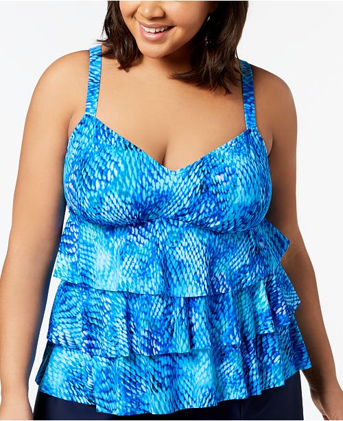Swim Solutions Plus Size Reflections TripleTier Tankini Top, Created