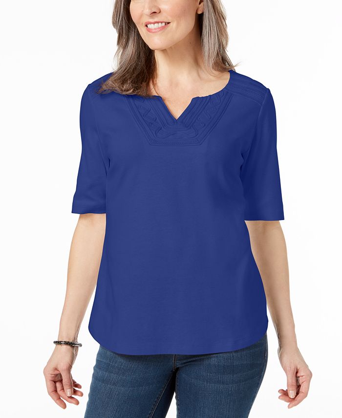 Karen Scott Cotton Crochet-Trim Split-Neck Top Blue Size L