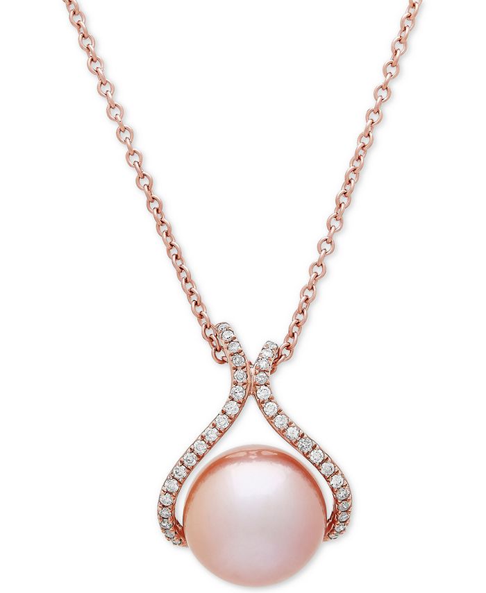 Honora - Pink Cultured Freshwater Pearl (13 mm) & Diamond (1/4 ct. t.w.) 18" Pendant Necklace in 14k Rose Gold