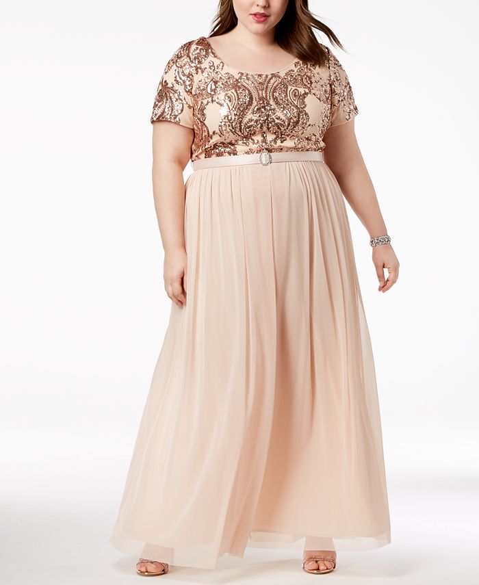 R & M Richards Plus Size Belted Sequin-Bodice Gown - Macy's