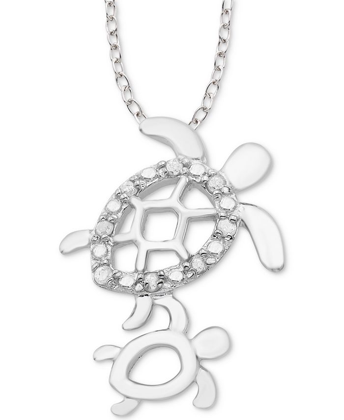 Macy's - Diamond Mother & Child Turtle 18" Pendant Necklace (1/10 ct. t.w.) in Sterling Silver