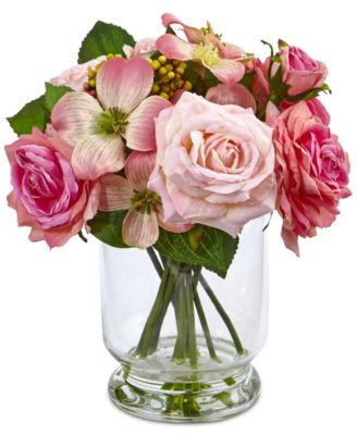 Nearly Natural - 10'' Rose & Berry Arrangement in Glass Vase