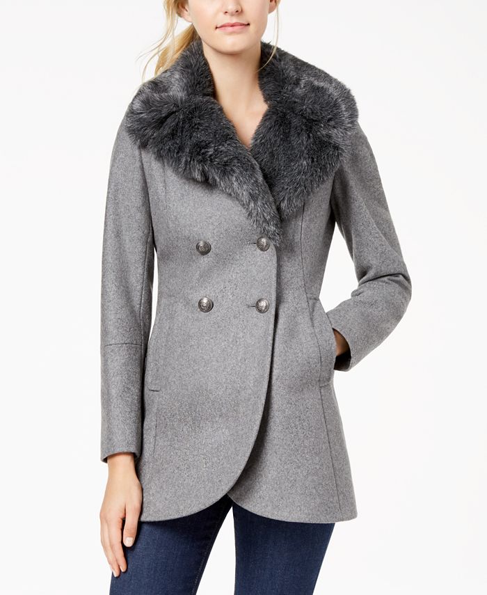French Connection Double-Breasted Faux-Fur-Collar Peacoat & Reviews ...