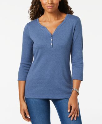 Karen Scott Women's Cotton Henley Top  Green Size XS
