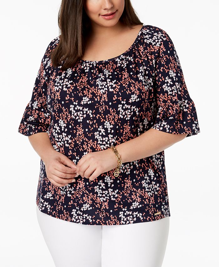 Michael Kors Plus Size Scattered Blossoms Printed Peasant Top - Macy's