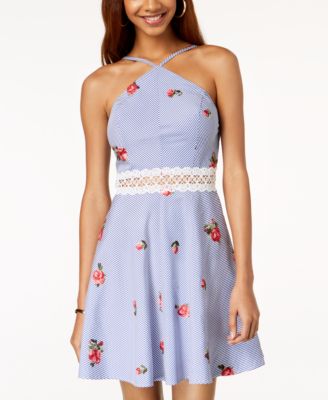 BCX - Juniors' Embroidered Crochet-Inset Dress