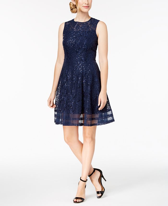 Calvin Klein Sequined Lace Fit & Flare Dress - Macy's